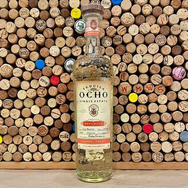 Tequila Ocho Las Raíces Barrel Proof Reposado 2024 bottle highlighting single-estate Los Altos agave.
